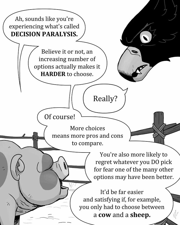 Comic panel featuring animals debating calories with a stressed bird, highlighting pet foolery humor and relatable pet comics.