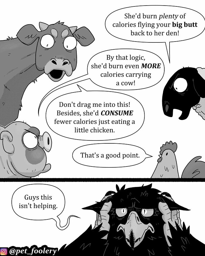 Comic panel featuring animals debating calories with a stressed bird, highlighting pet foolery humor and relatable pet comics.