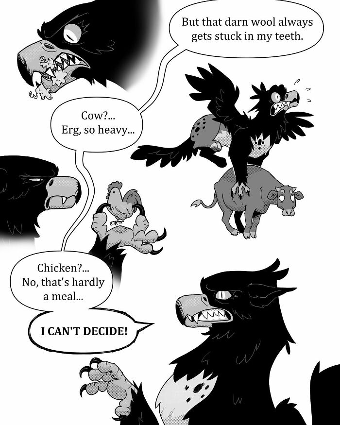 Comic panel featuring animals debating calories with a stressed bird, highlighting pet foolery humor and relatable pet comics.