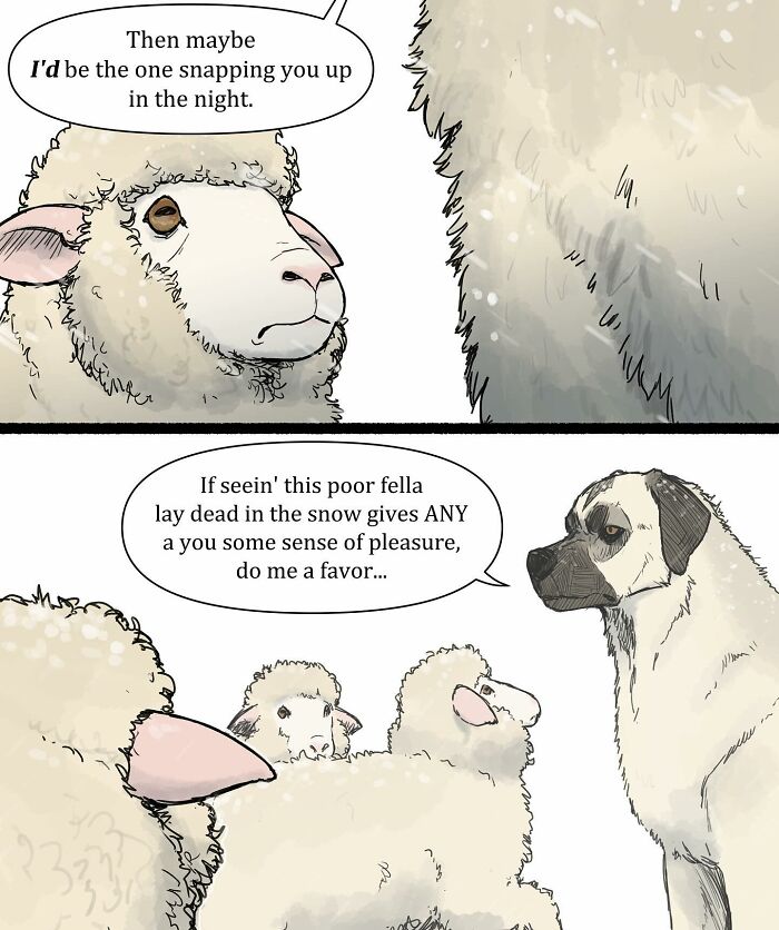 Illustrated comic of a cat and dog in a snowy scene, showcasing Pet Foolery humor and relatable pet moments.