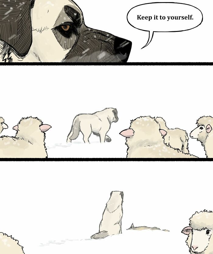 Illustrated comic of a cat and dog in a snowy scene, showcasing Pet Foolery humor and relatable pet moments.