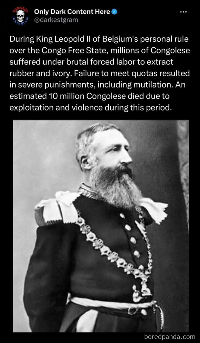 Black and white photo of King Leopold II with text about brutal forced labor and dark content from darkest page on Instagram.