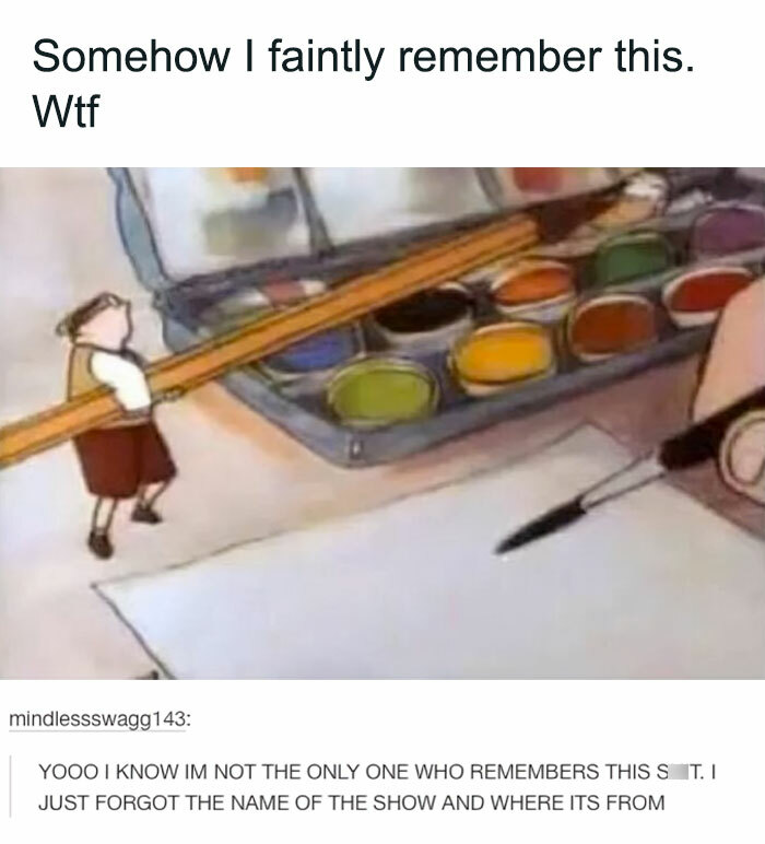 Cartoon image of a small character holding a giant pencil over a watercolor paint set, evoking 90s nostalgia and simpler days.