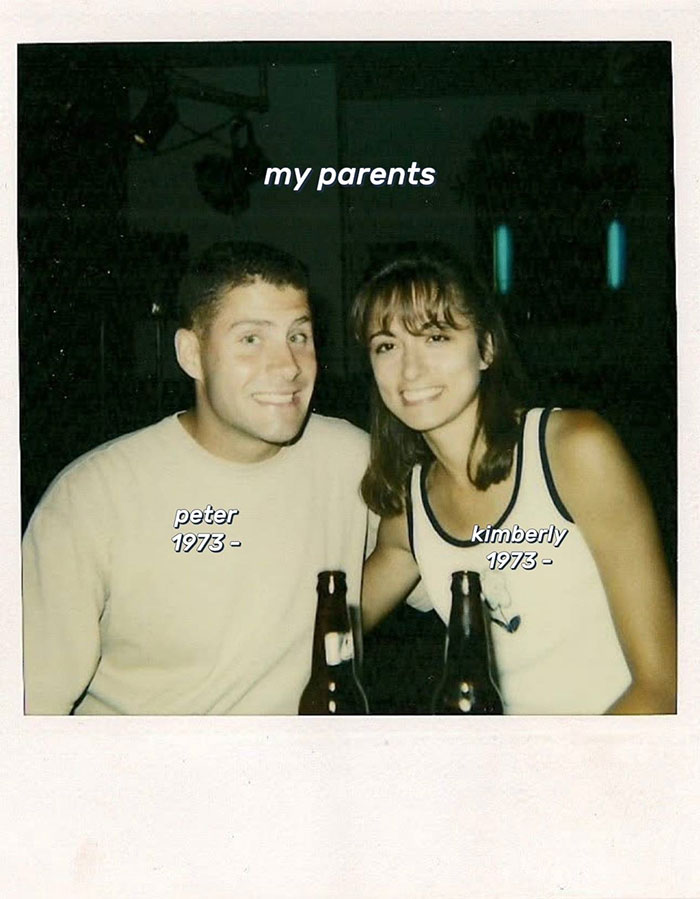 Young couple labeled as parents, Peter and Kimberly born in 1973, illustrating a family historian's inspiration to share family trees online.