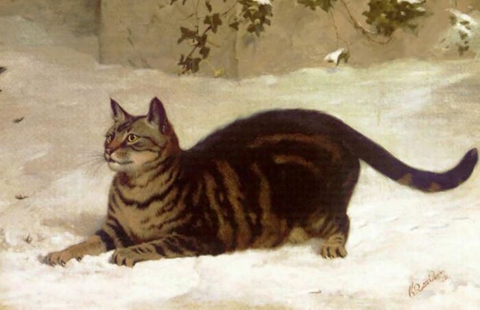 Vintage cat painting of a striped feline stretching on snow with autumn leaves in the background, showcasing vintage cats charm.
