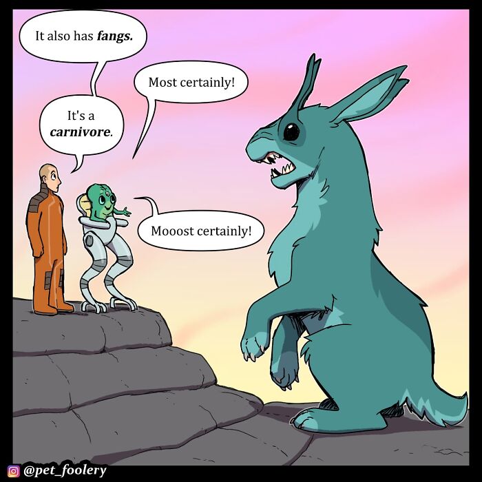Alien and human discussing a bunny in a Pet Foolery comic, showcasing humorous and relatable pet moments.