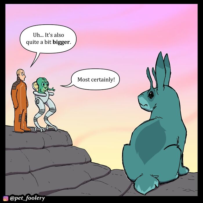 Alien and human discussing a bunny in a Pet Foolery comic, showcasing humorous and relatable pet moments.