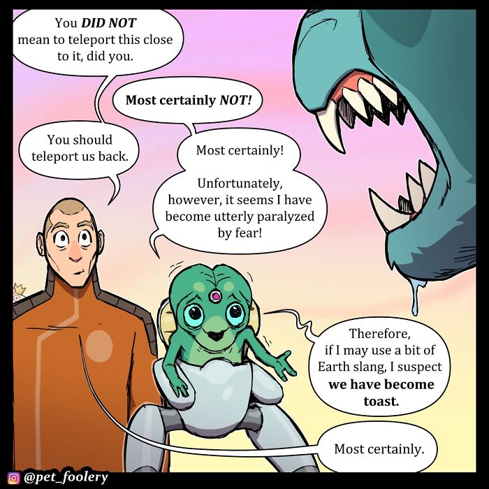 Alien and human discussing a bunny in a Pet Foolery comic, showcasing humorous and relatable pet moments.