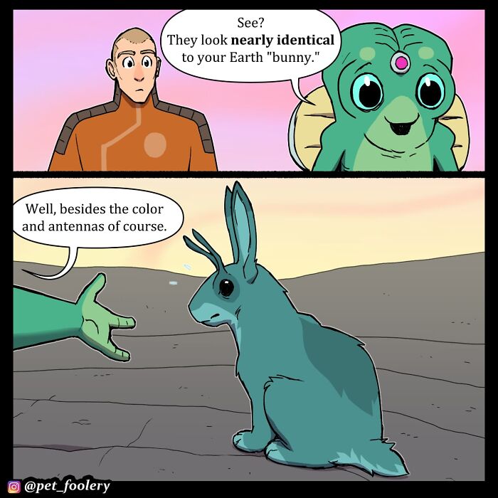 Alien and human discussing a bunny in a Pet Foolery comic, showcasing humorous and relatable pet moments.