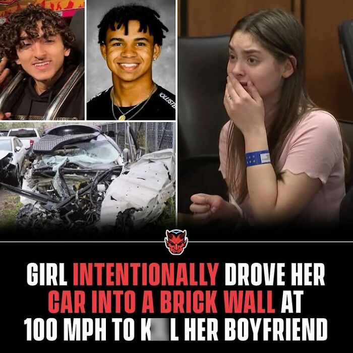 Collage showing a girl crying in court, two young men, and a wrecked car, illustrating random creepy facts and pictures.