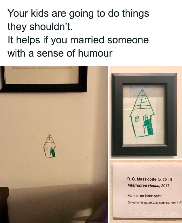 Child's drawing of a house on a wall creatively framed as art, showcasing ingenious crafty ideas from a popular IG account.