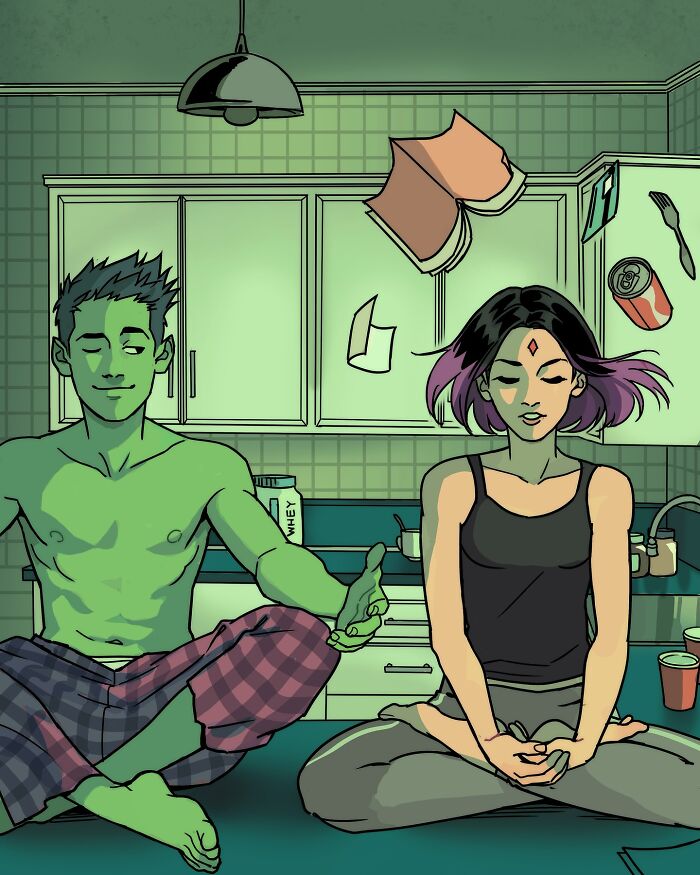 Teen Titans characters in casual clothes taking a playful selfie, showcasing Gabriel Picolo's visual storytelling style.