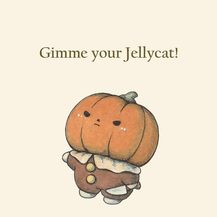 Adorably evil pumpkin illustration with a determined expression, wearing a ruffled collar and brown outfit.