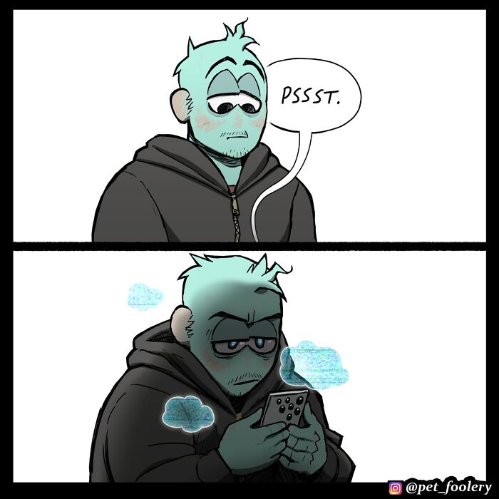 Illustration from pet foolery comics showing a tired man in bed with a phone and a hand reaching for it.