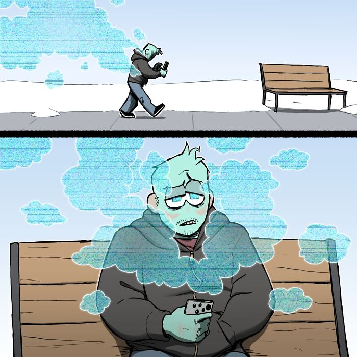 Illustration from pet foolery comics showing a tired man in bed with a phone and a hand reaching for it.