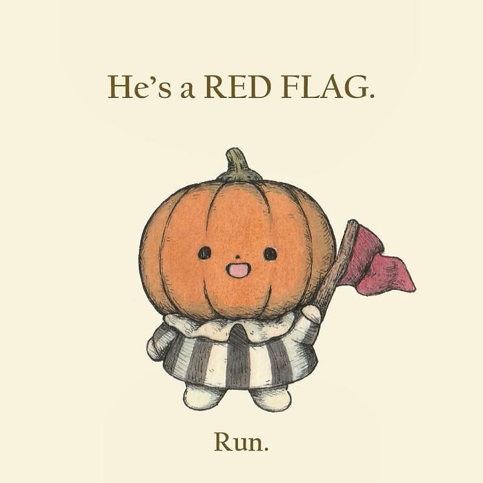 Adorably evil pumpkin character holding a red flag, capturing our inner thoughts with cute and spooky illustration.