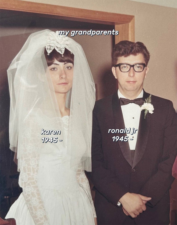 Vintage wedding photo of grandparents Karen and Ronald Jr, highlighting family historian and sharing family tree online.
