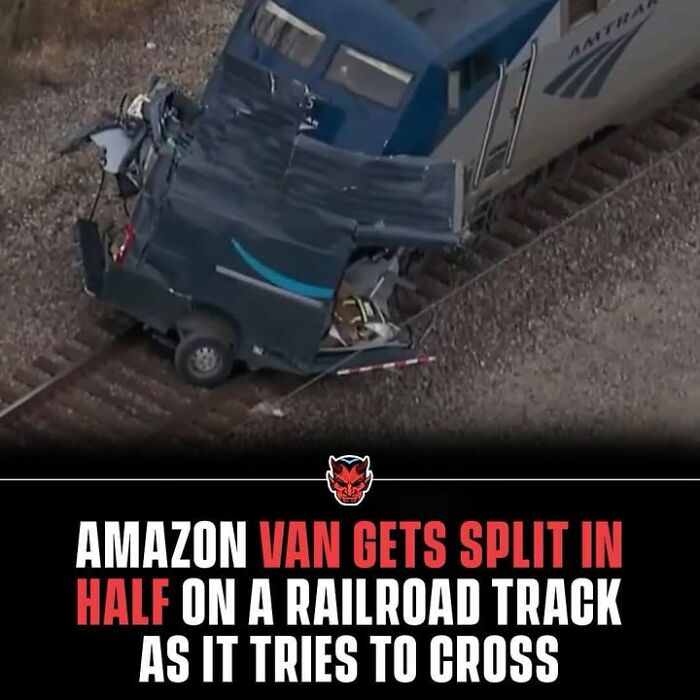 Wreckage of van split in half on railroad track after collision, showcasing one of the random creepy facts and pictures.