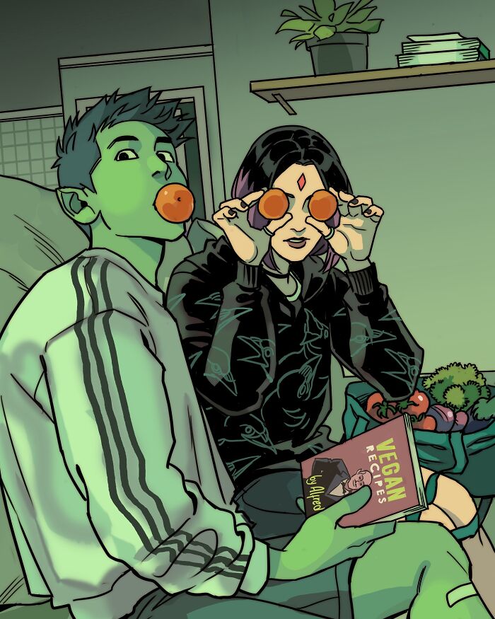 Teen Titans characters in casual clothes taking a playful selfie, showcasing Gabriel Picolo's visual storytelling style.