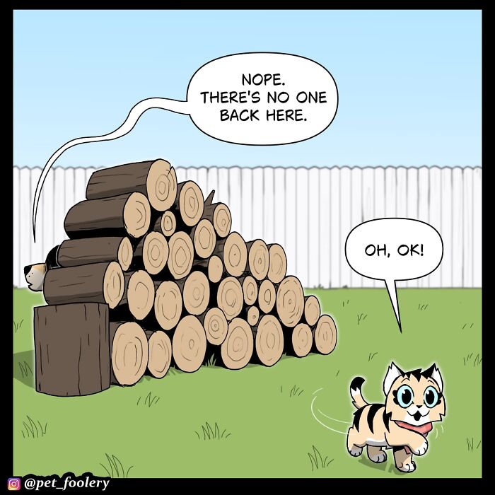 Cartoon cat playing hide and seek near a log pile in a colorful Pet Foolery comic strip.