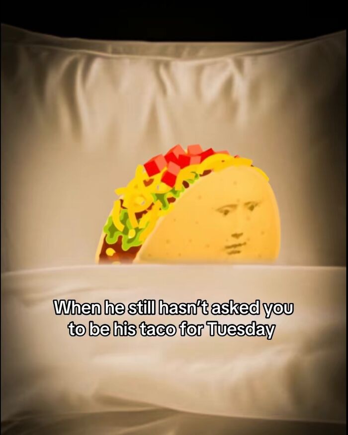Meme of a taco with a sad face on a bed with caption about being a cool mom and parenting humor.