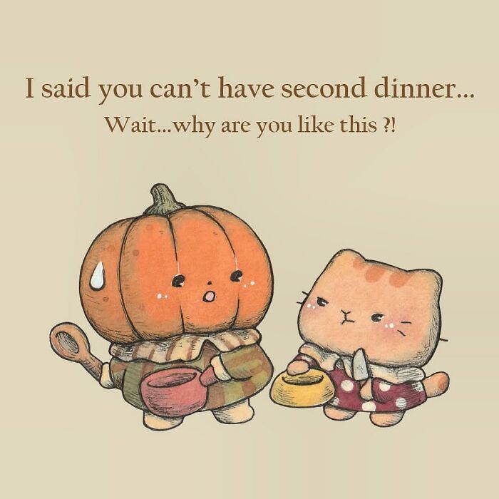 Adorable evil pumpkin illustration with a cute cat, capturing playful and mischievous inner thoughts in a whimsical style.