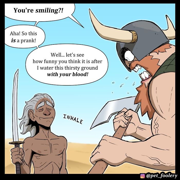 Comic panel from Pet Foolery showing a bearded warrior shocked to face a scrawny old hermit with a flimsy sword.