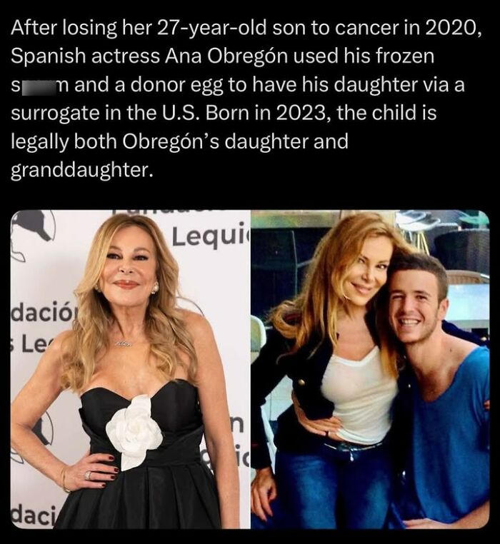 Spanish actress with photos of her and her late son, illustrating a creepy fact about family and surrogacy.