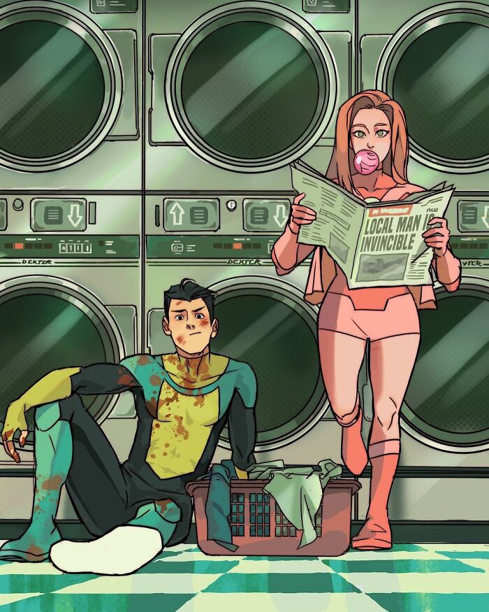 Teen Titans characters in a laundry room scene, showcasing Gabriel Picolo’s relatable young heroes through visual storytelling.