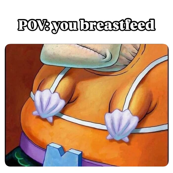 Cartoon close-up of a cool mom wearing seashell bra, humorously illustrating the reality of breastfeeding as a parent meme.