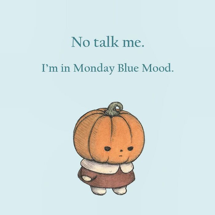 Adorable evil pumpkin illustration with a grumpy expression and text showing a Monday blue mood.