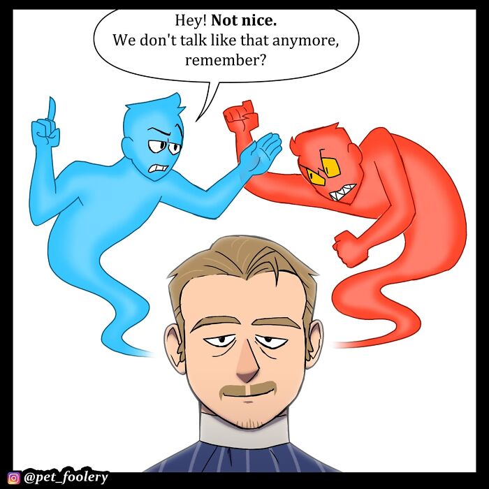 Two men in a comic, one sitting in a chair showing pictures, the other asking about haircut style in Pet Foolery comics.