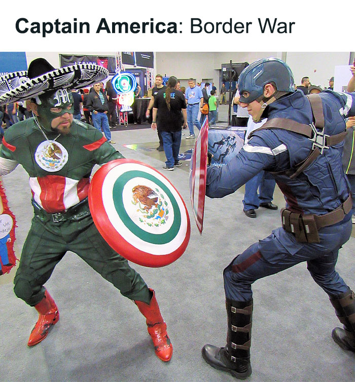 Two people dressed as Captain America and a Mexican-themed Captain America shield in a funny cinephile meme battle.