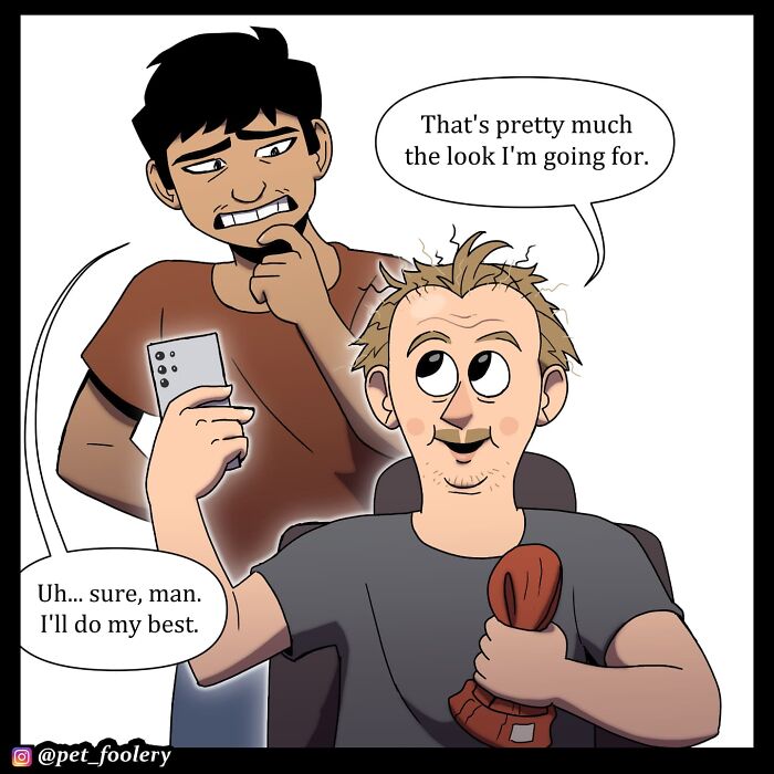 Two men in a comic, one sitting in a chair showing pictures, the other asking about haircut style in Pet Foolery comics.