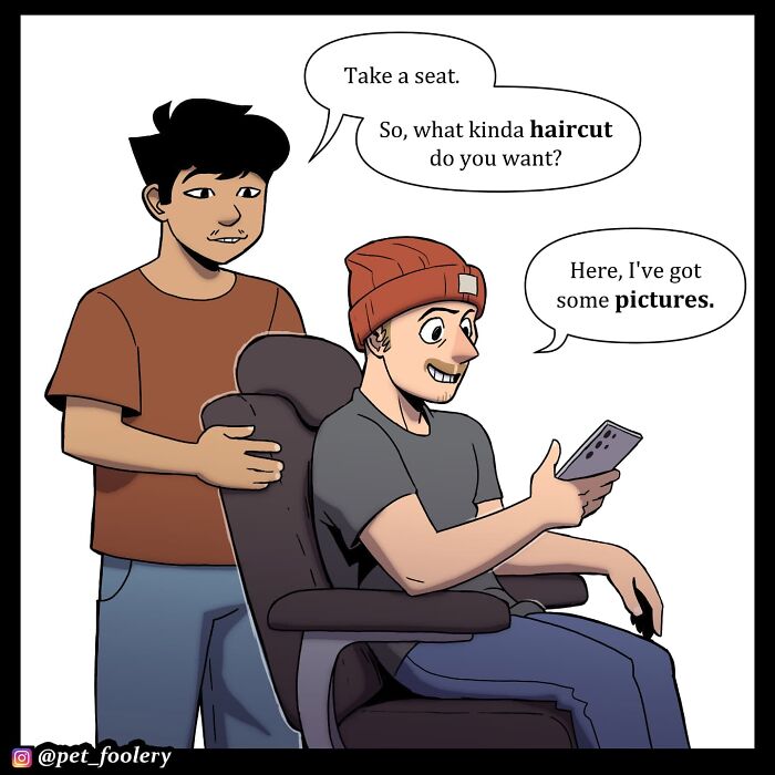 Two men in a comic, one sitting in a chair showing pictures, the other asking about haircut style in Pet Foolery comics.