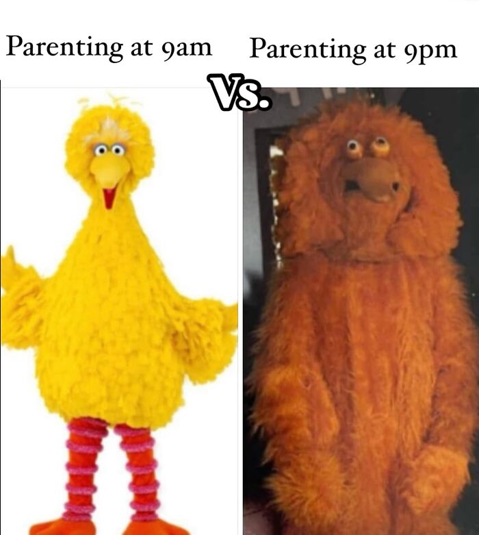 Comparison of bright and tired fuzzy characters illustrating parenting humor in memes about being a cool mom.