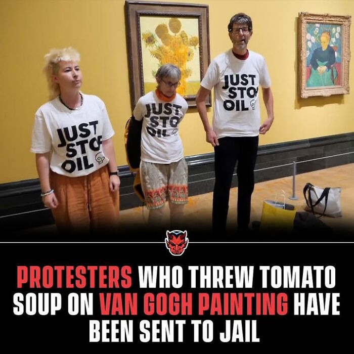 Three protesters wearing Just Stop Oil shirts stand beside Van Gogh paintings, related to creepy facts depriving sleep.