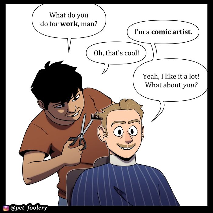 Two men in a comic, one sitting in a chair showing pictures, the other asking about haircut style in Pet Foolery comics.