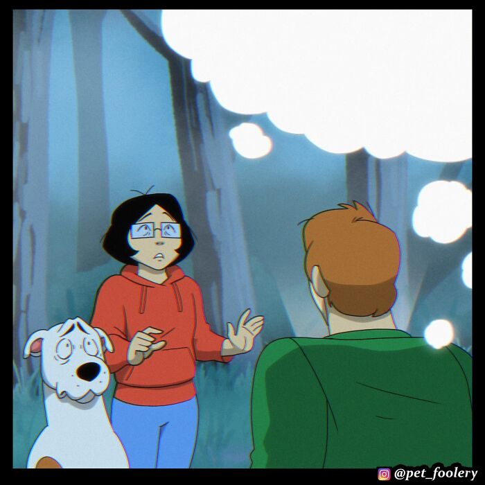 Two people and a dog in a comic-style forest scene, featuring pet foolery and a ghostly monster mention.