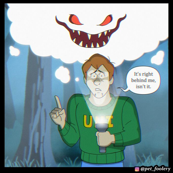 Two people and a dog in a comic-style forest scene, featuring pet foolery and a ghostly monster mention.