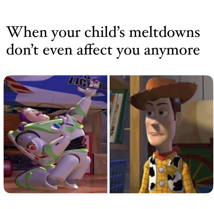 Buzz Lightyear excited and Woody unimpressed from Toy Story illustrating parenting struggles in cool mom memes.