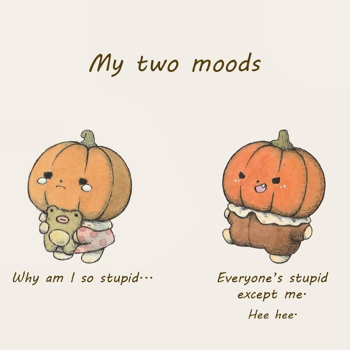 Illustration of adorably evil pumpkin characters showing contrasting moods, capturing relatable inner thoughts with cute expressions.