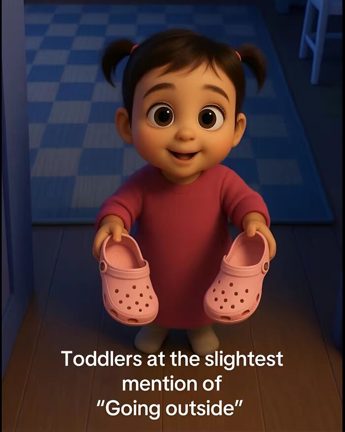 Toddler holding shoes excitedly at the mention of going outside, capturing relatable moments of being a cool mom and parenting.