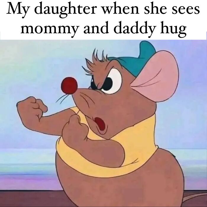 Angry cartoon mouse flexing muscles with caption about daughter reacting to parents hugging, depicting parent life humor.