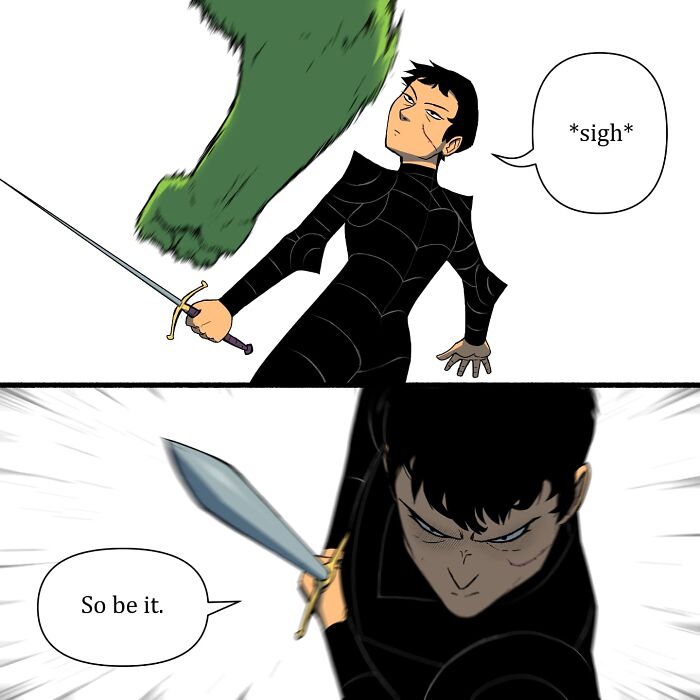 Comic panel featuring a humorous fantasy battle scene illustrating pet foolery with a giant green ogre and a small warrior.