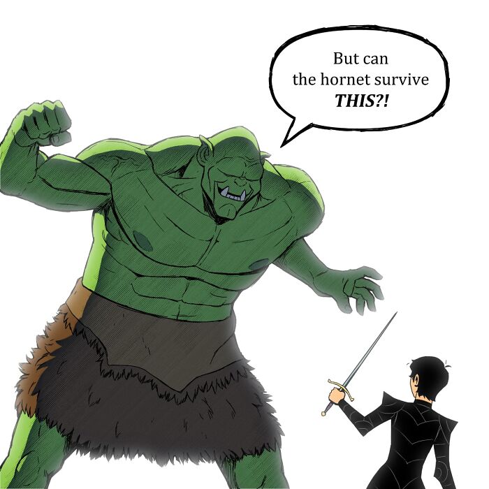 Comic panel featuring a humorous fantasy battle scene illustrating pet foolery with a giant green ogre and a small warrior.