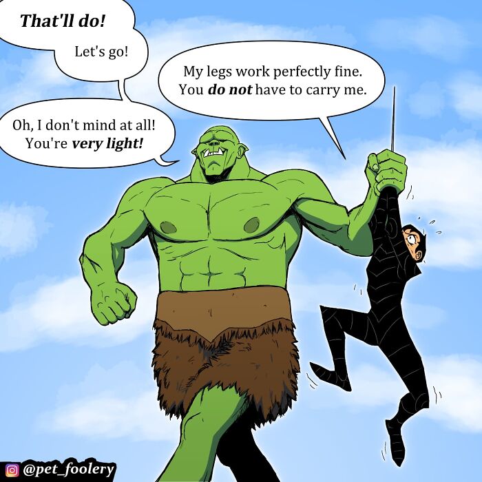 Comic panel featuring a humorous fantasy battle scene illustrating pet foolery with a giant green ogre and a small warrior.