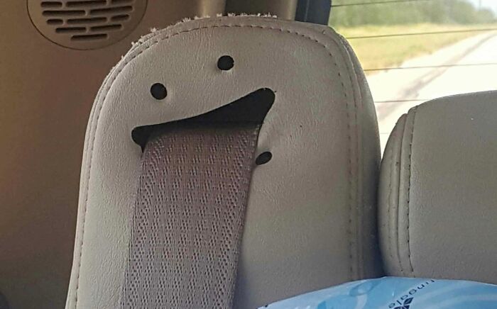 Car seatbelt latch creating a random object that looks like a face with eyes and a mouth inside a vehicle.