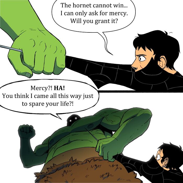 Comic panel featuring a humorous fantasy battle scene illustrating pet foolery with a giant green ogre and a small warrior.