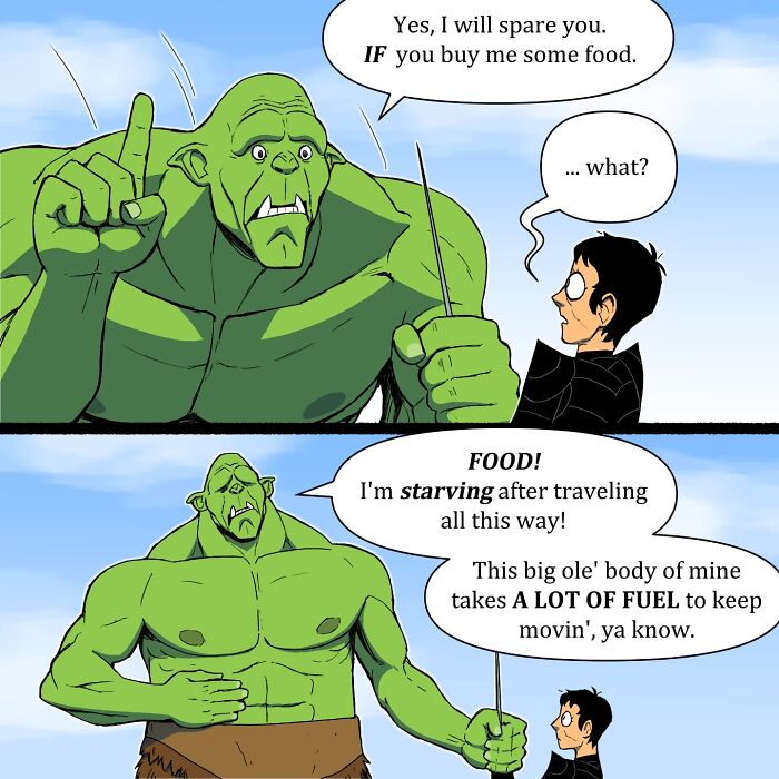 Comic panel featuring a humorous fantasy battle scene illustrating pet foolery with a giant green ogre and a small warrior.